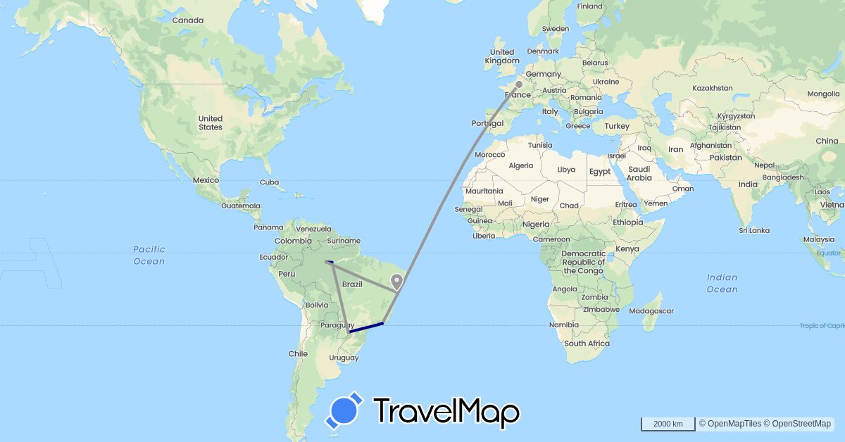 TravelMap itinerary: driving, plane, boat in Brazil, France (Europe, South America)
